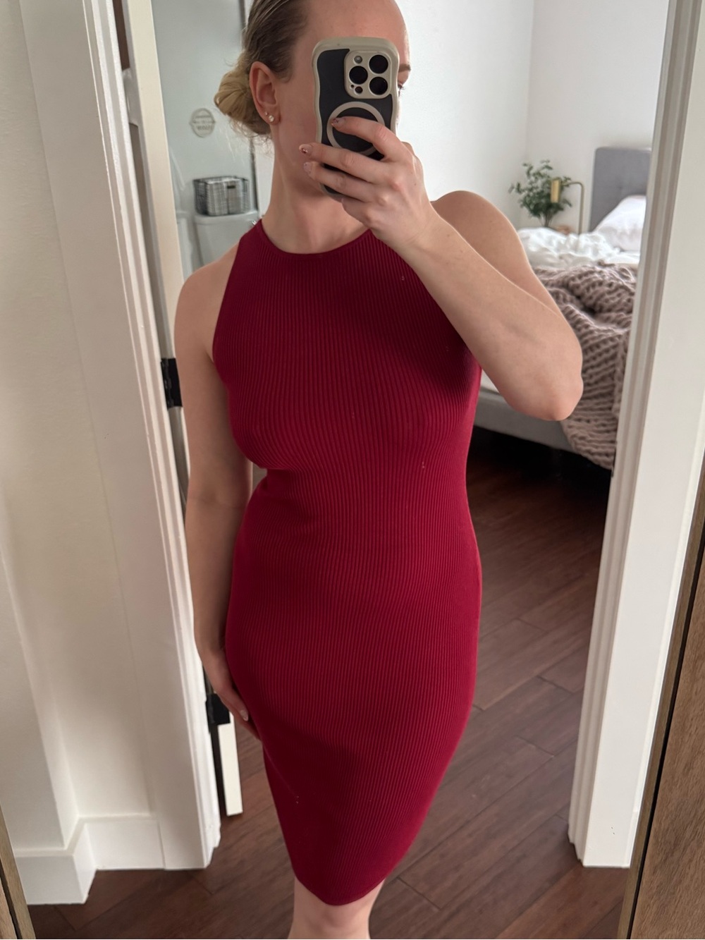 Sleeveless Ribbed Midi Dress in Deep Red